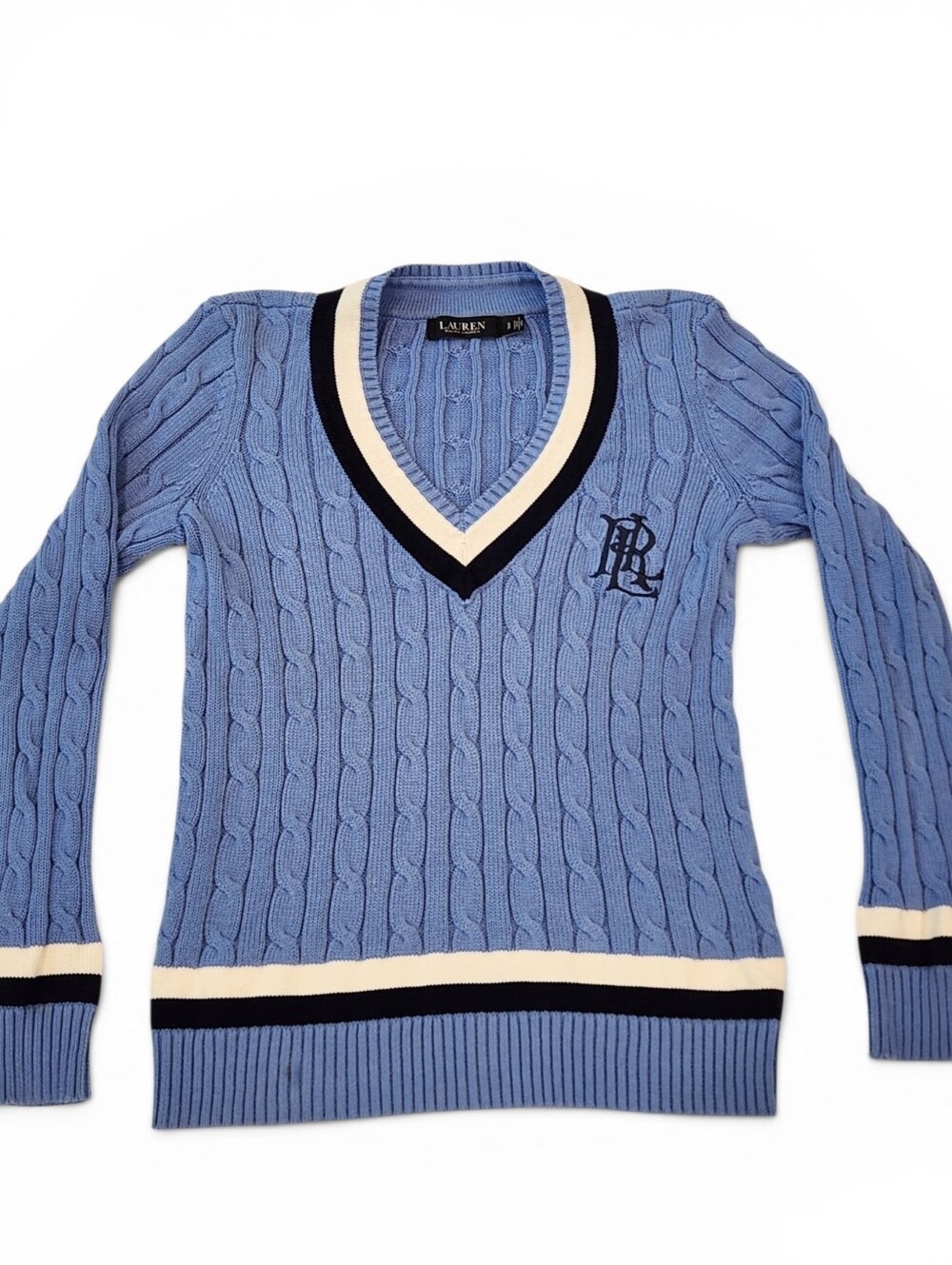 Lauren Ralph Lauren Light Blue Cable-Knit V-Neck Sweater with Cream & Navy Trim